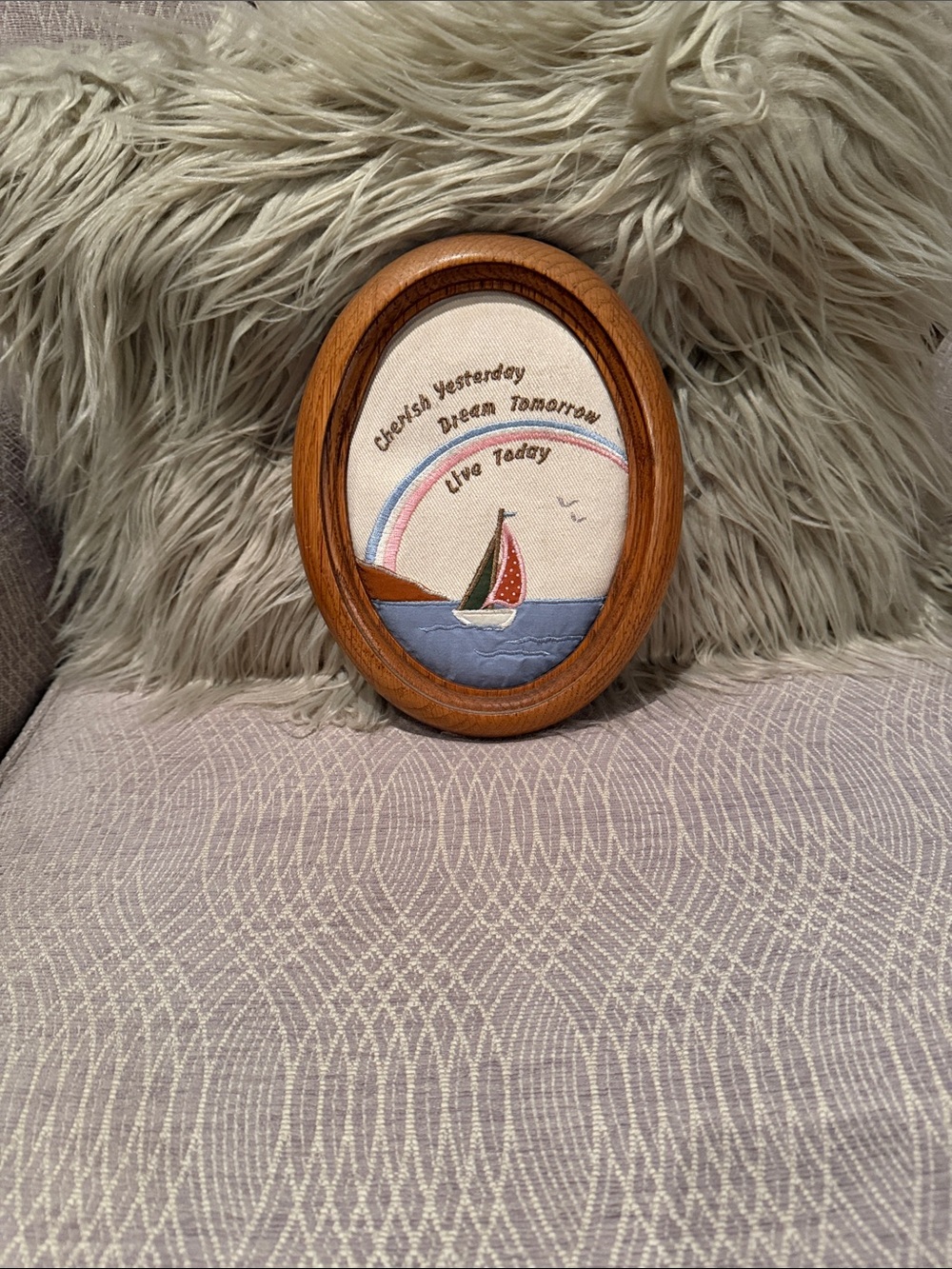 Russ Oval Sailboat Embroidery in Brown Frame with Blue, Pink, and Cream Accents